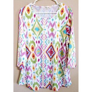 Indigo Soul 2XL Multicolor Geometric Print Long Sleeve Tunic Colorful Beach